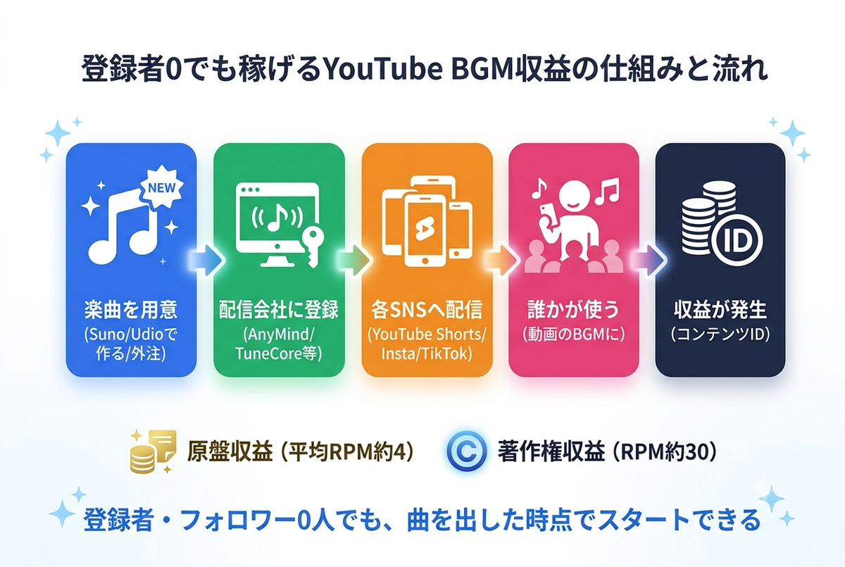 登録者0でも稼げるYouTube BGM収益の仕組みと流れの図解