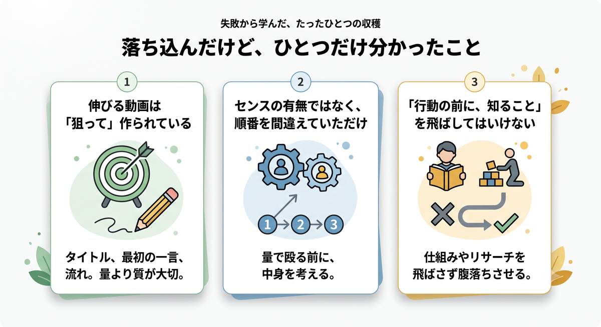 落ち込んで分かったこと（①伸びる動画は狙って作られている ②センスでなく順番の問題 ③行動の前に「知ること」）
