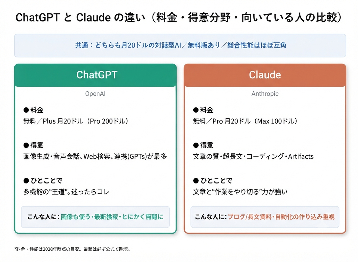 ChatGPTとClaudeの違い（料金・得意分野・向いている人の比較）