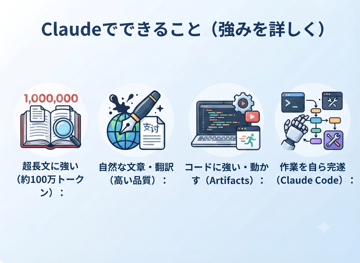 Claudeでできること（超長文・自然な文章と翻訳・コードとArtifacts・作業の自動化）