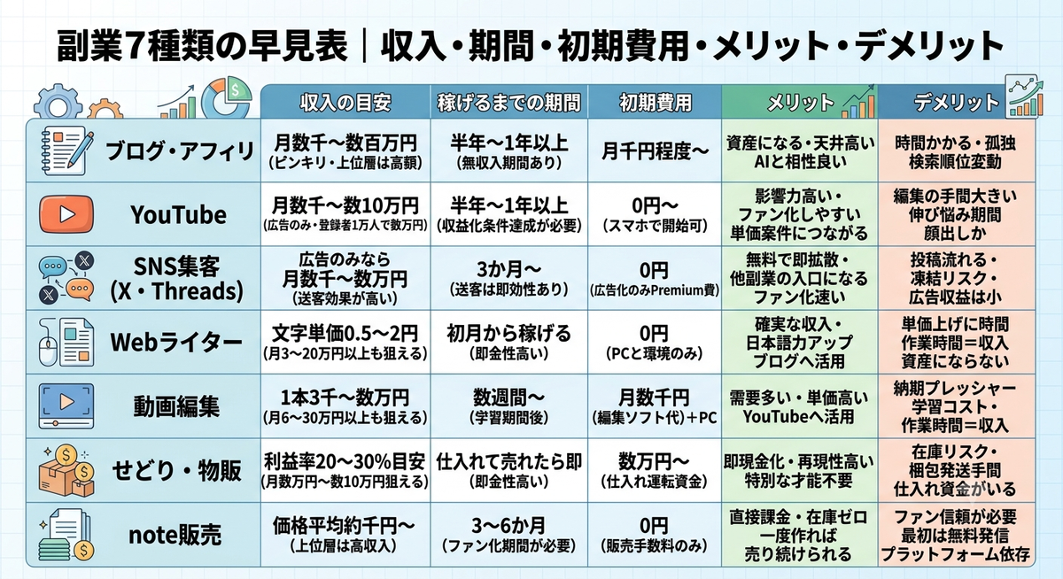 副業7種類の早見表（収入の目安・稼げるまでの期間・初期費用・タイプ）