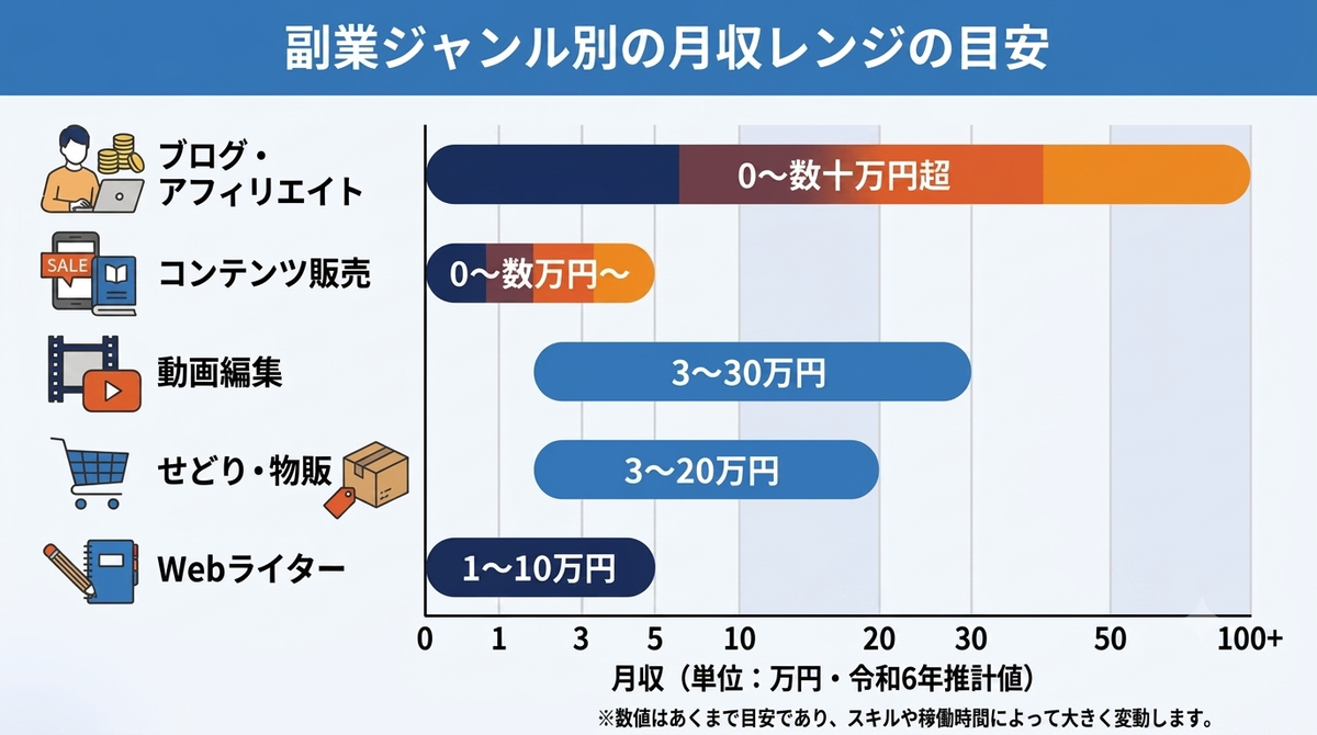 副業ジャンル別の月収レンジの目安グラフ(ブログ・アフィリエイト、コンテンツ販売、動画編集、せどり・物販、Webライター)
