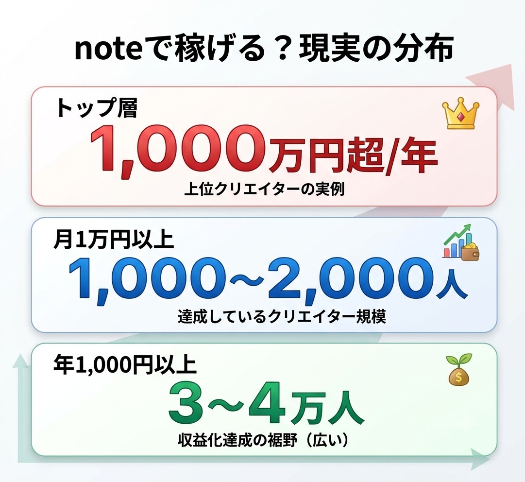 noteで稼げる?現実の分布(トップ層1000万円超/年・月1万円1〜2千人・年1000円3〜4万人の裾野)