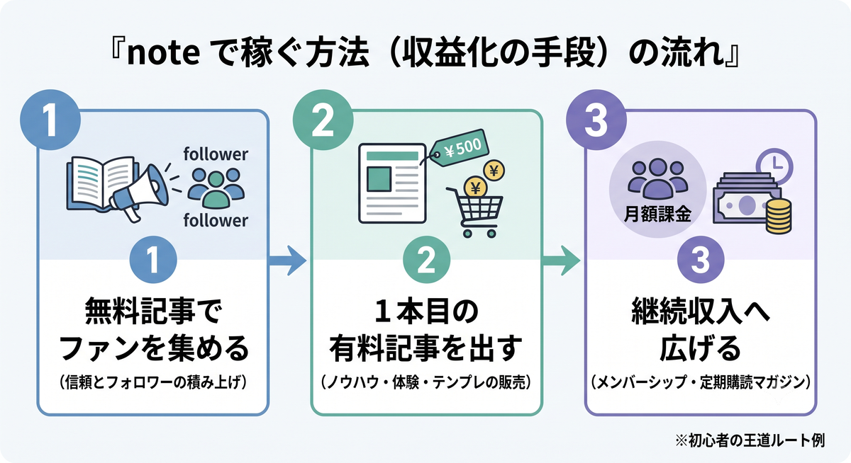 noteで稼ぐ方法の流れ(無料記事でファン→有料記事→継続収入・メンバーシップ)