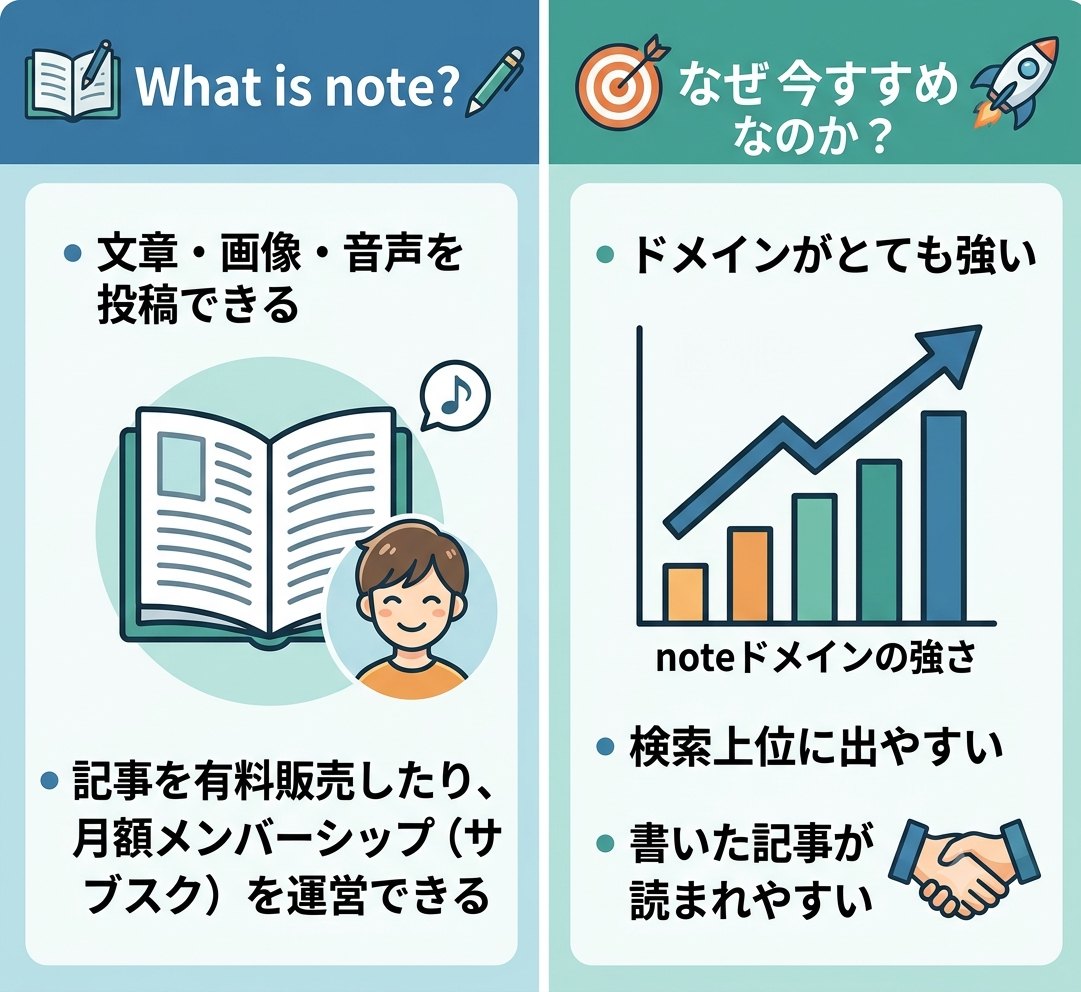 noteとは?なぜ今おすすめ(投稿・有料販売・メンバーシップ/ドメインが強い・検索上位・読まれやすい)