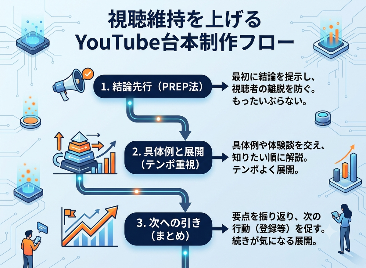 視聴維持を上げるYouTube台本制作フロー(1.結論先行→2.具体例と展開→3.次への引き)