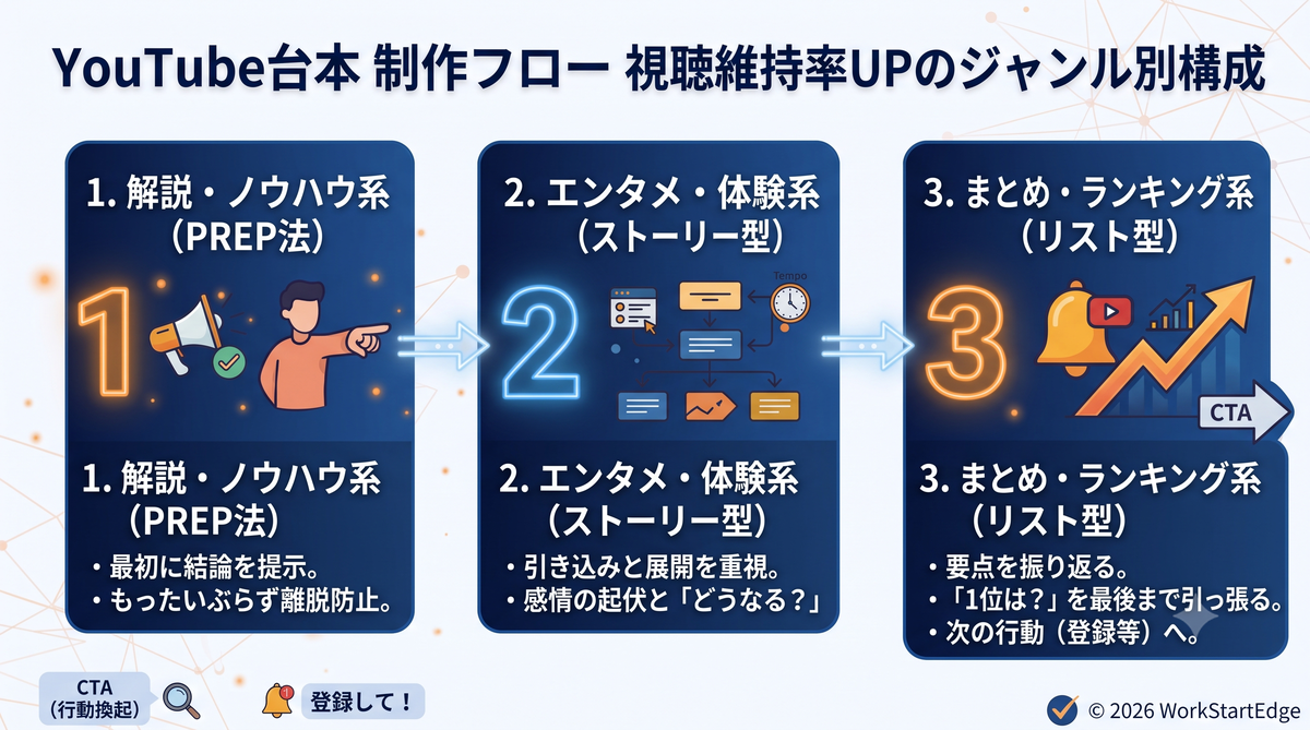 ジャンル別の台本構成(解説・ノウハウ系=PREP法/エンタメ・体験系=ストーリー型/まとめ・ランキング系=リスト型)