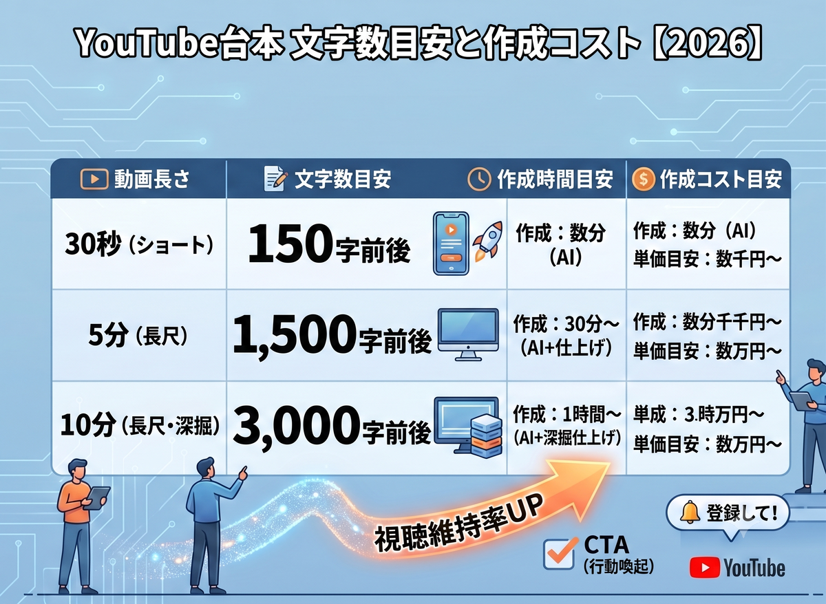 動画の長さ別・台本の文字数目安(30秒150字/5分1,500字/10分3,000字)と作成コスト