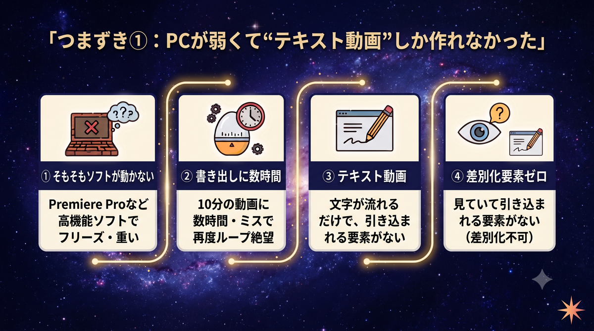 つまずき①:PCが弱くてテキスト動画しか作れなかった(4つの要因)