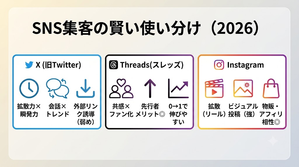 SNS集客の賢い使い分け(2026)|X=拡散×瞬発力、Threads=共感×先行者メリット、Instagram=リール拡散×物販/アフィリ相性◎